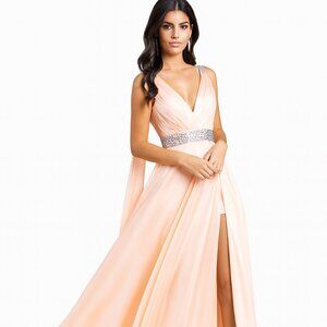 NWT Luxury Blush Evening Gown With a Slit, with shorts underneath, size 8